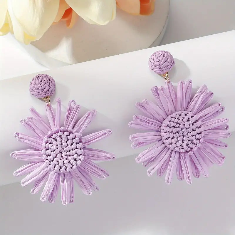 Hand-woven Raffia Sun Flower Dangle Earrings